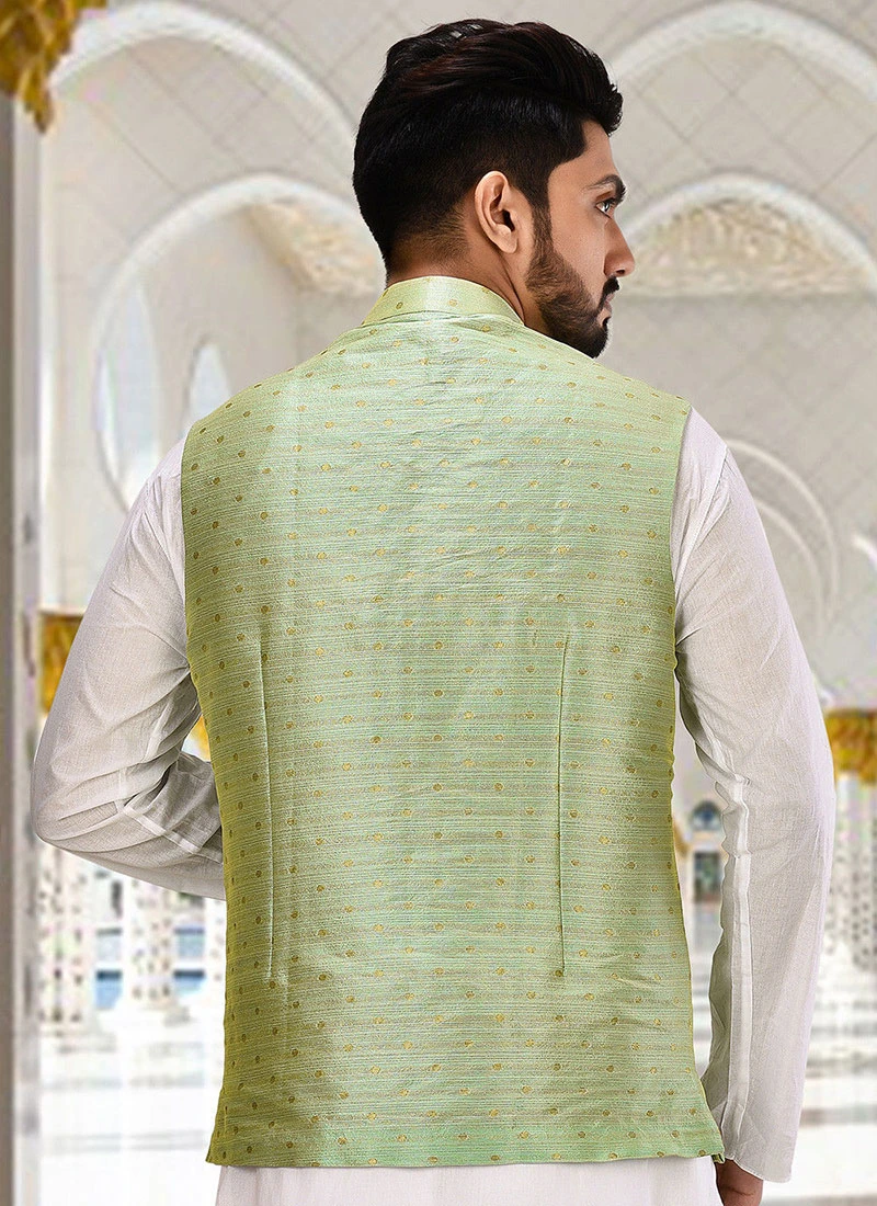 Light Green Cotton Jacquard Nehru Jacket 3 Light Green Cotton Jacquard Nehru Jacket - Image 3