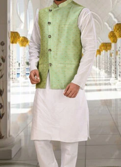 Light Green Cotton Jacquard Nehru Jacket