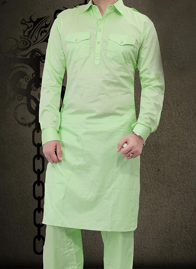 Light Green Cotton Pathani Set Festive Wear 1 Light Green Cotton Pathani Set Festive Wear