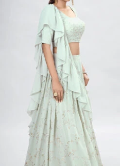 Light Green Georgette Thread And Sequins Umbrella Lehenga Party Wear