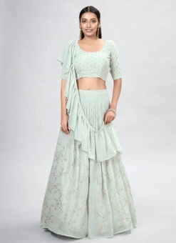 Light Green Georgette Thread And Sequins Umbrella Lehenga Party Wear -C Bazaar Shop light green georgette thread and sequins umbrella lehenga ghsdrs10003 u