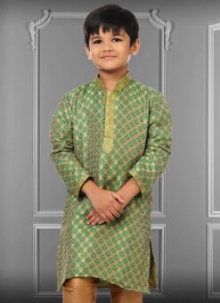 Light Green Jacquard Silk Boys Kurta Pyjama Party Wear -C Bazaar Shop light green jacquard silk boys kurta pyjama kdbkvs687 b