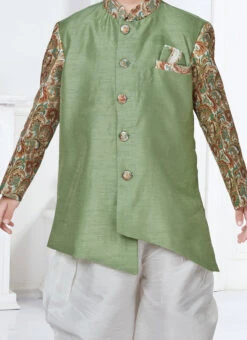 Light Green Silk Printed Work Indowestern Sherwani Party Wear