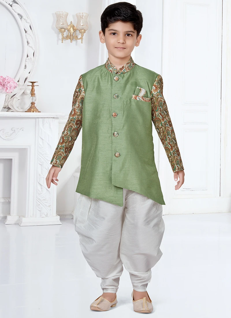 Light Green Silk Printed Work Indowestern Sherwani Party Wear 2 Light Green Silk Printed Work Indowestern Sherwani Party Wear - Image 2