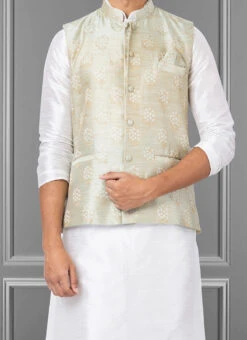 Light Grey Jacquard Silk Nehru Jacket