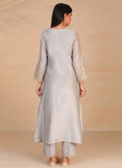 Light Grey Pure Chanderi Silk Embroidered Kurta Semi Palazzo Set Party Wear -C Bazaar Shop light grey pure chanderi silk embroidered kurta semi palazzo set krsdvcsvks39 b