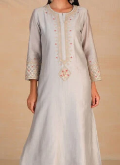 Light Grey Pure Chanderi Silk Embroidered Kurta Semi Palazzo Set Party Wear