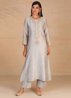 Light Grey Pure Chanderi Silk Embroidered Kurta Semi Palazzo Set Party Wear -C Bazaar Shop light grey pure chanderi silk embroidered kurta semi palazzo set krsdvcsvks39 u