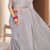 Light Grey Shimmer Chiffon Tikki Work Saree Party Wear