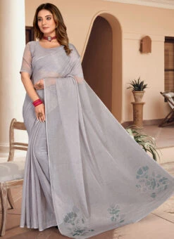 Light Grey Shimmer Chiffon Tikki Work Saree Party Wear -C Bazaar Shop light grey shimmer chiffon tikki work saree sasnf6402 u