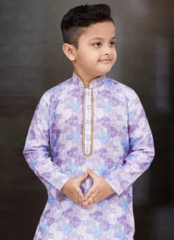Light Lavender Blended Cotton Printed Kids Boys Kurta Pyjama Festive Wear -C Bazaar Shop light lavender blended cotton printed kids boys kurta pyjama kdbmss6235 b