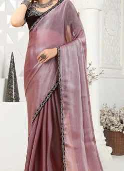 Light Lavender Organza Tikki Lace Work Saree Party Wear