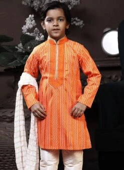 Light Orange Cotton Printed Boys Kurta Pyjama Party Wear -C Bazaar Shop light orange cotton printed boys kurta pyjama kdbmss6191 b