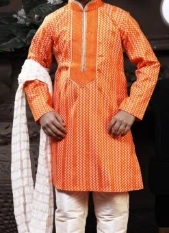 Light Orange Cotton Printed Boys Kurta Pyjama Party Wear