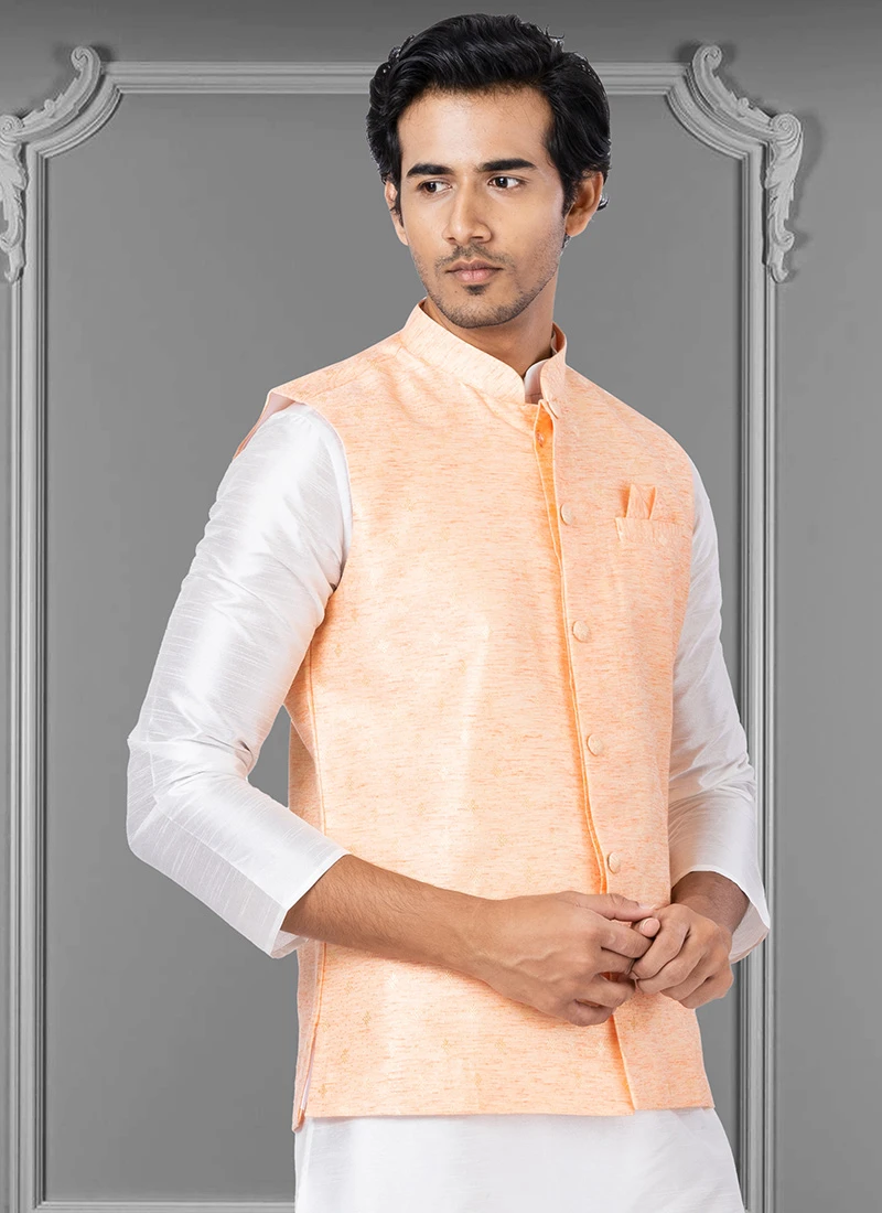 Light Peach Linen Silk Nehru Jacket 3 Light Peach Linen Silk Nehru Jacket - Image 3
