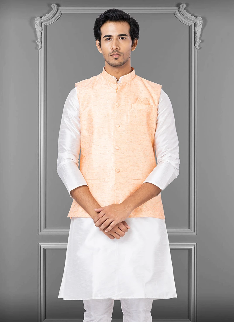 Light Peach Linen Silk Nehru Jacket 2 Light Peach Linen Silk Nehru Jacket - Image 2