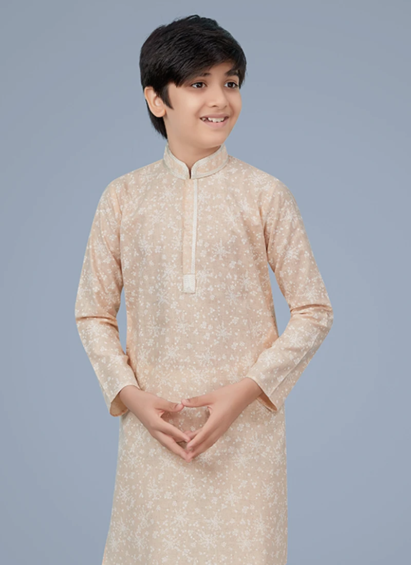 Light Peach Printed Cotton Silk Boys Kurta Pyjama 3 Light Peach Printed Cotton Silk Boys Kurta Pyjama - Image 3