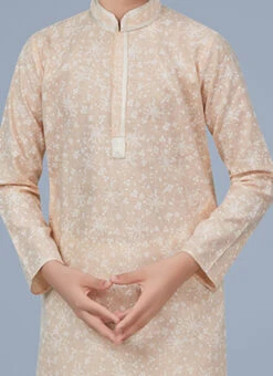 Light Peach Printed Cotton Silk Boys Kurta Pyjama