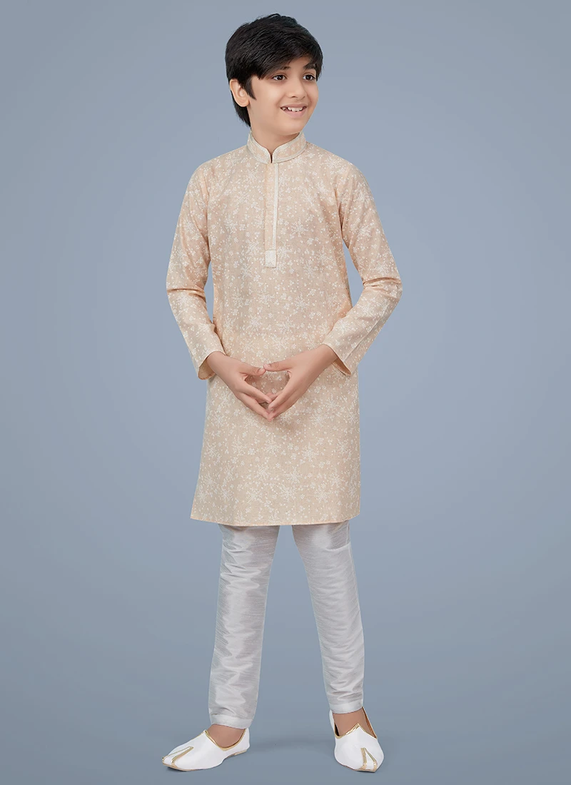Light Peach Printed Cotton Silk Boys Kurta Pyjama 2 Light Peach Printed Cotton Silk Boys Kurta Pyjama - Image 2