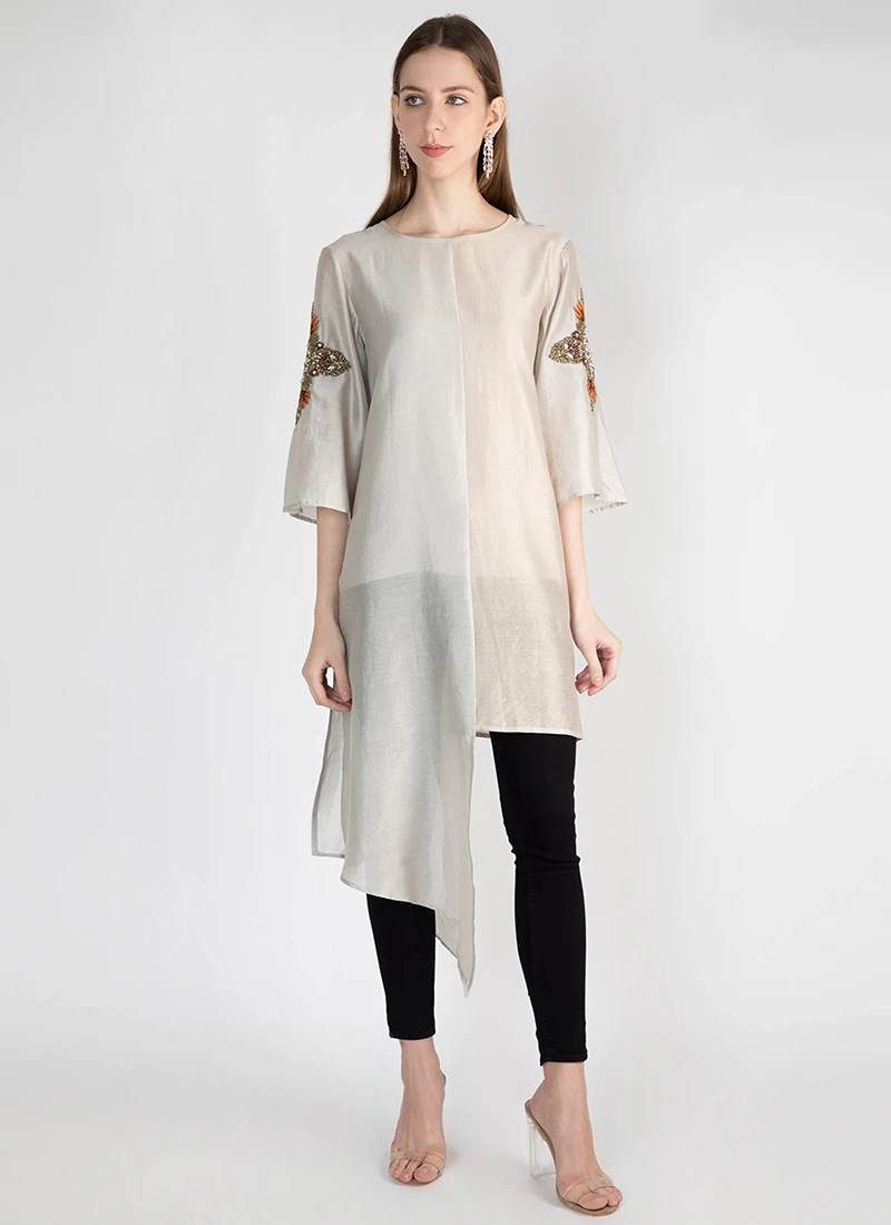 Light Peach Silk Kurta Straight Pant Set Work Wear 3 Light Peach Silk Kurta Straight Pant Set Work Wear - Image 3