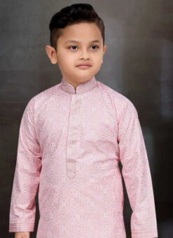 Light Pink Blended Cotton Printed Kids Boys Kurta Pyjama Festive Wear -C Bazaar Shop light pink blended cotton printed kids boys kurta pyjama kdbmss6239 b