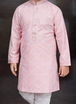 Light Pink Blended Cotton Printed Kids Boys Kurta Pyjama Festive Wear