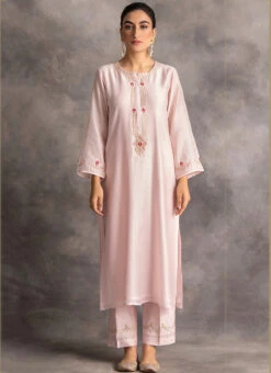 Light Pink Chanderi Silk Embroidered Straight Pant Suit Party Wear -C Bazaar Shop light pink chanderi silk embroidered straight pant suit krdvc19 b