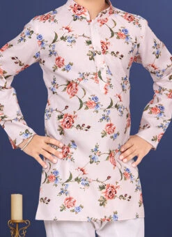 White Cotton Printed Boys Kurta Pyjama