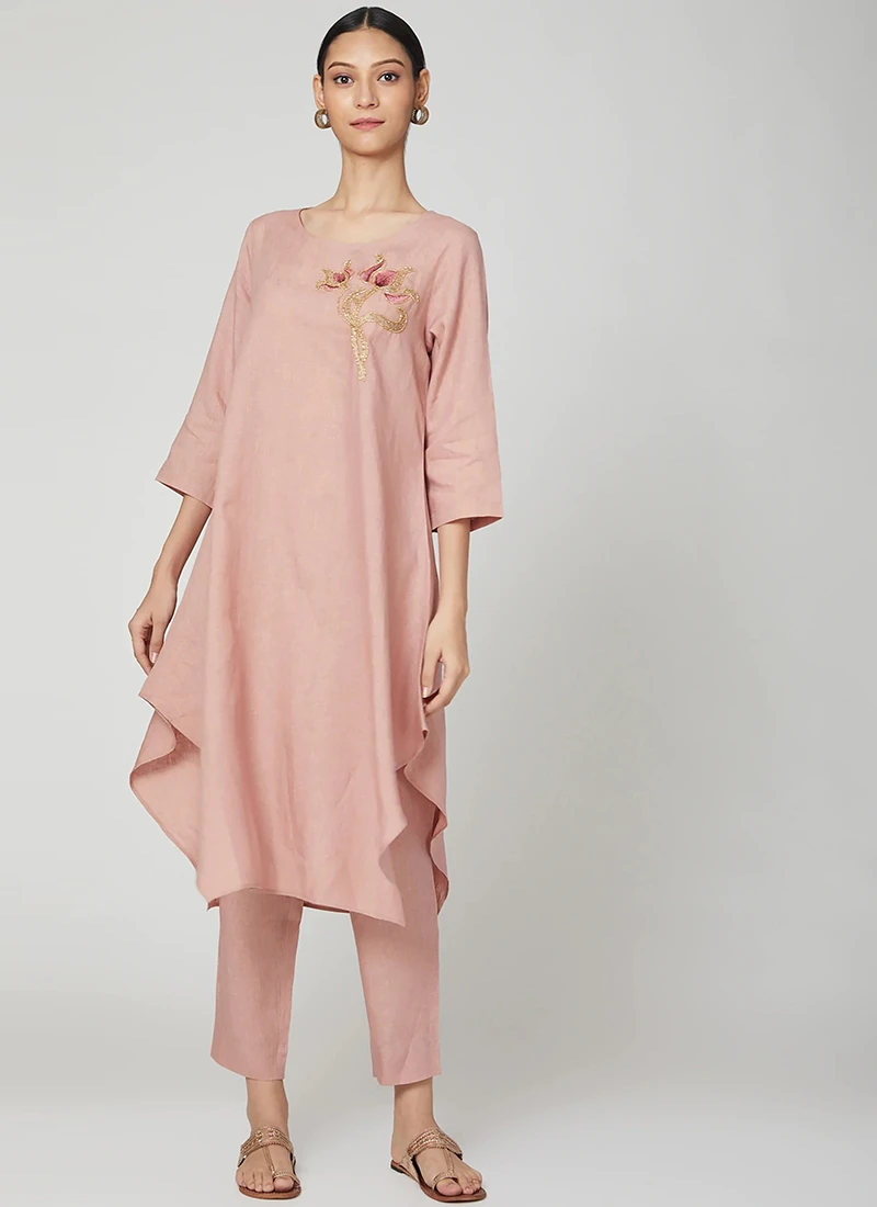 Light Pink Linen Kurta Straight Pant Set Work Wear 3 Light Pink Linen Kurta Straight Pant Set Work Wear - Image 3