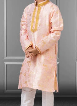 Light Pink Linen Silk Boys Kurta Pyjama Party Wear