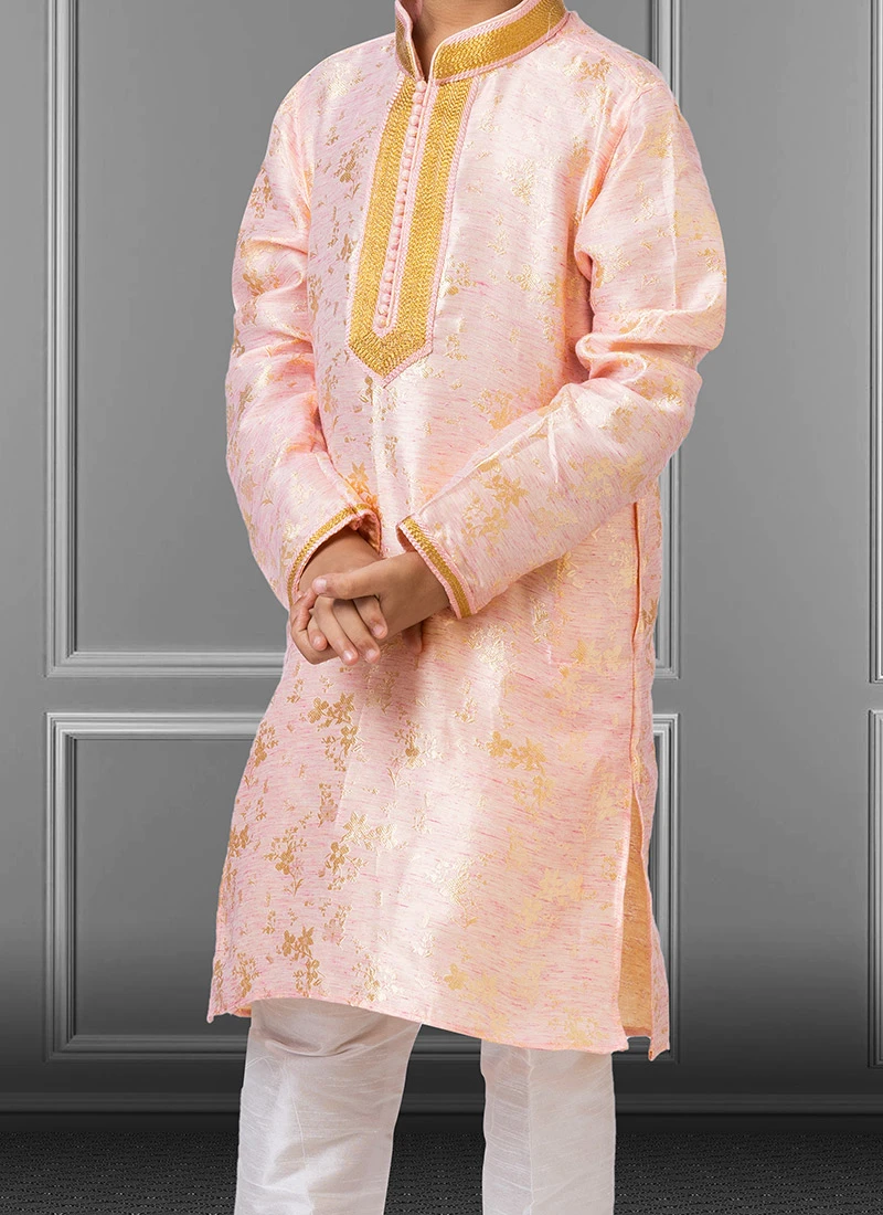 Light Pink Linen Silk Boys Kurta Pyjama Party Wear 1 Light Pink Linen Silk Boys Kurta Pyjama Party Wear