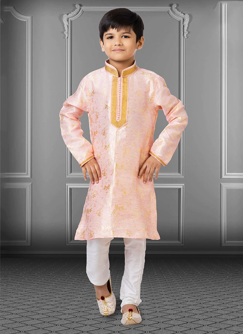 Light Pink Linen Silk Boys Kurta Pyjama Party Wear 2 Light Pink Linen Silk Boys Kurta Pyjama Party Wear - Image 2