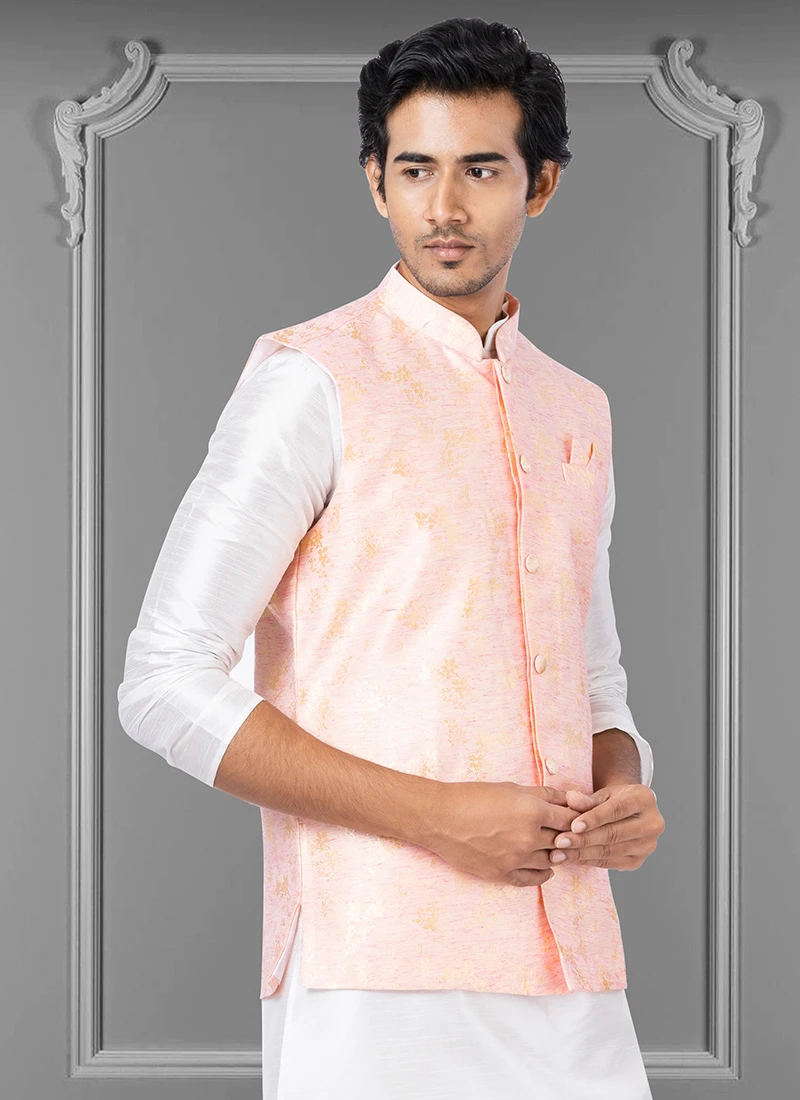 Light Pink Linen Silk Nehru Jacket 3 Light Pink Linen Silk Nehru Jacket - Image 3