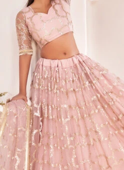 Light Pink Net Sequins Umbrella Lehenga Party Wear