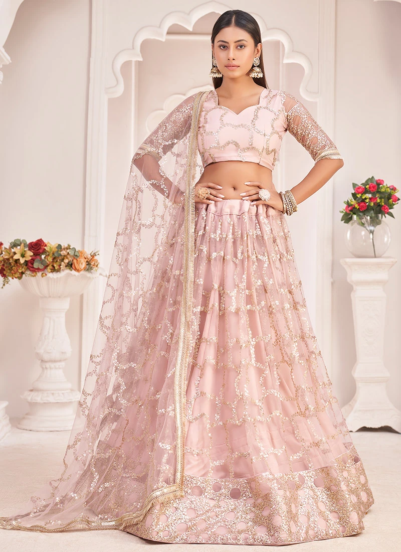 Light Pink Net Sequins Umbrella Lehenga Party Wear 3 Light Pink Net Sequins Umbrella Lehenga Party Wear - Image 3