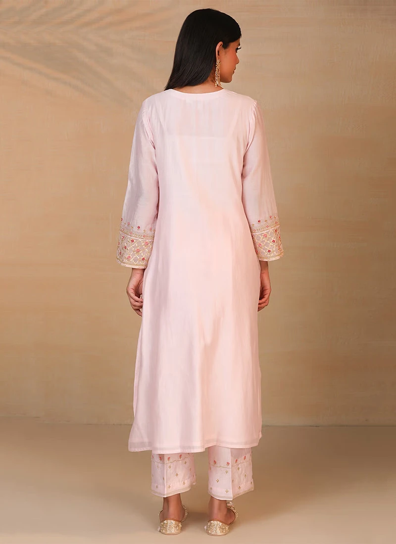 Light Pink Pure Chanderi Silk Embroidered Kurta Semi Palazzo Set Party Wear 4 Light Pink Pure Chanderi Silk Embroidered Kurta Semi Palazzo Set Party Wear - Image 4