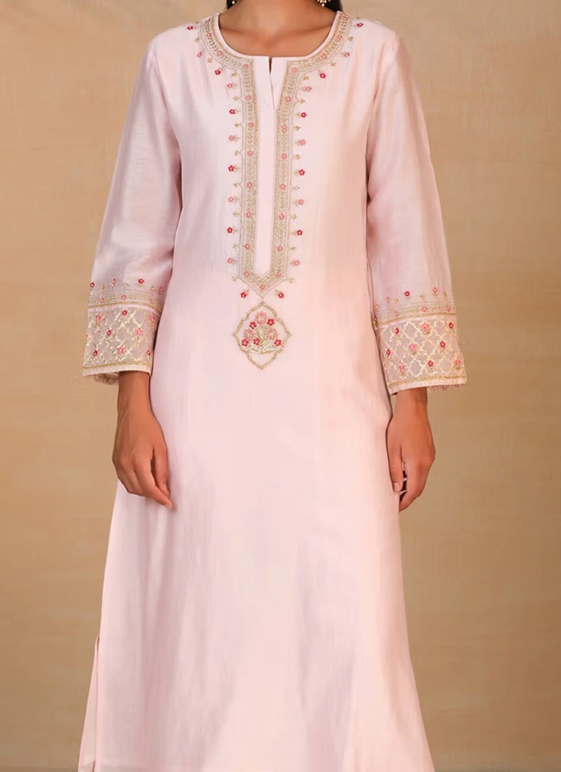 Light Pink Pure Chanderi Silk Embroidered Kurta Semi Palazzo Set Party Wear 1 Light Pink Pure Chanderi Silk Embroidered Kurta Semi Palazzo Set Party Wear