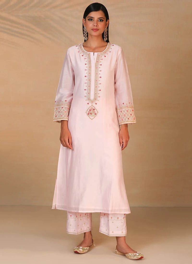 Light Pink Pure Chanderi Silk Embroidered Kurta Semi Palazzo Set Party Wear 3 Light Pink Pure Chanderi Silk Embroidered Kurta Semi Palazzo Set Party Wear - Image 3