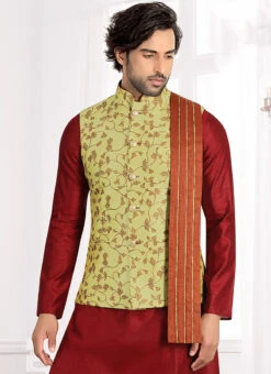 Light Pista Green BrocadeNehru Jacket -C Bazaar Shop light pista green brocadenehru jacket jmkmdc494 b
