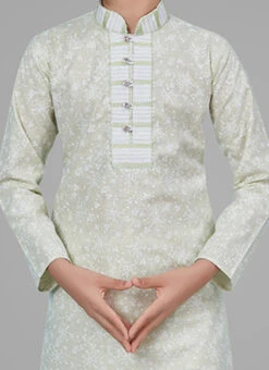 Light Pista Green Printed Cotton Silk Boys Kurta Pyjama