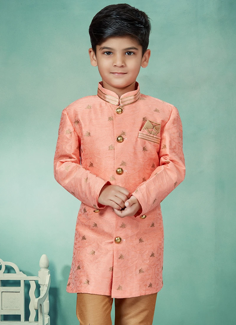 Light Red Art Silk Jacquard Idowestern Sherwani Party Wear 3 Light Red Art Silk Jacquard Idowestern Sherwani Party Wear - Image 3