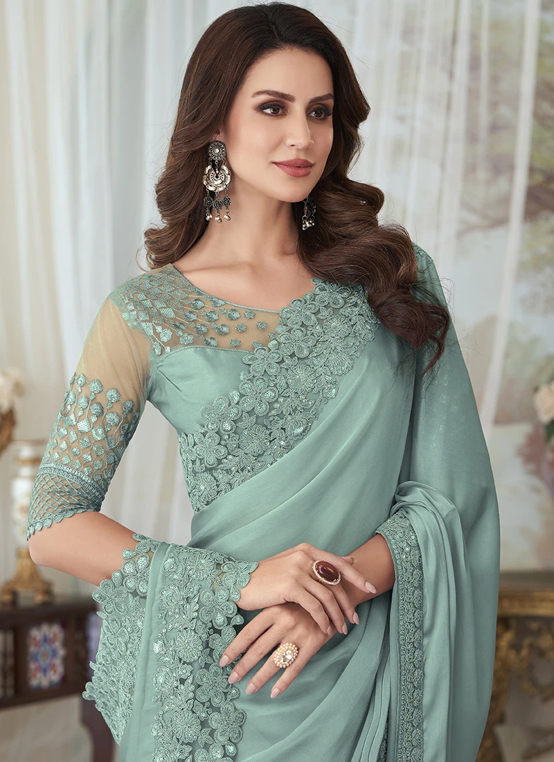 Light Turquoise Silk Embroidered Work Saree Party Wear 4 Light Turquoise Silk Embroidered Work Saree Party Wear - Image 4