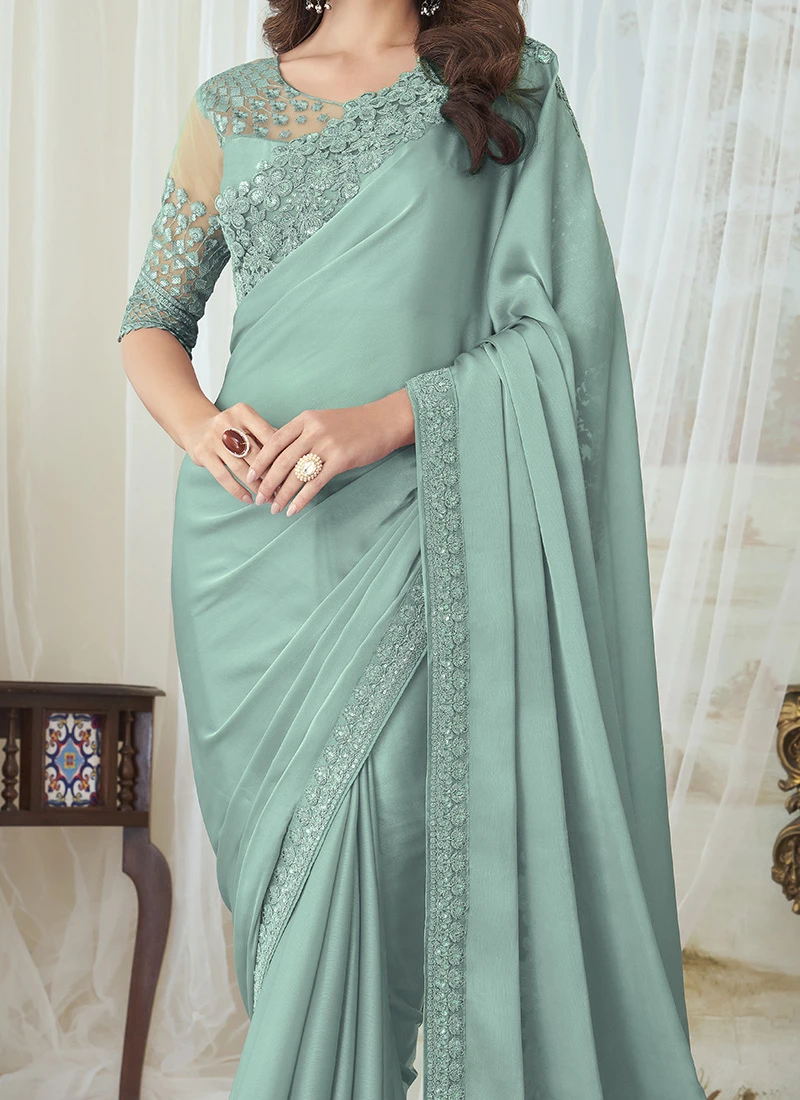 Light Turquoise Silk Embroidered Work Saree Party Wear 1 Light Turquoise Silk Embroidered Work Saree Party Wear