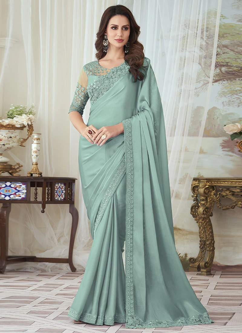 Light Turquoise Silk Embroidered Work Saree Party Wear 3 Light Turquoise Silk Embroidered Work Saree Party Wear - Image 3