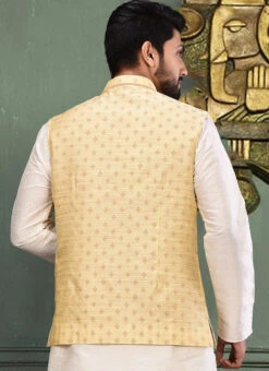 Light Yellow Cotton Mulberry Jacquard Nehru Jacket -C Bazaar Shop light yellow cotton mulberry jacquard nehru jacket jmkkac4 b