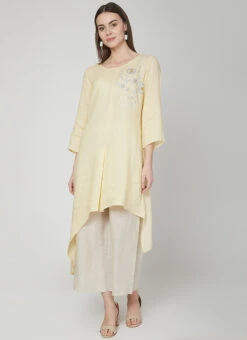 Light Yellow Linen Kurta Palazzo Set Work Wear -C Bazaar Shop light yellow linen kurta palazzo set krsdvcsvts30 u