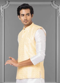 Light Yellow Linen Silk Nehru Jacket -C Bazaar Shop light yellow linen silk nehru jacket jmkkvs478 b