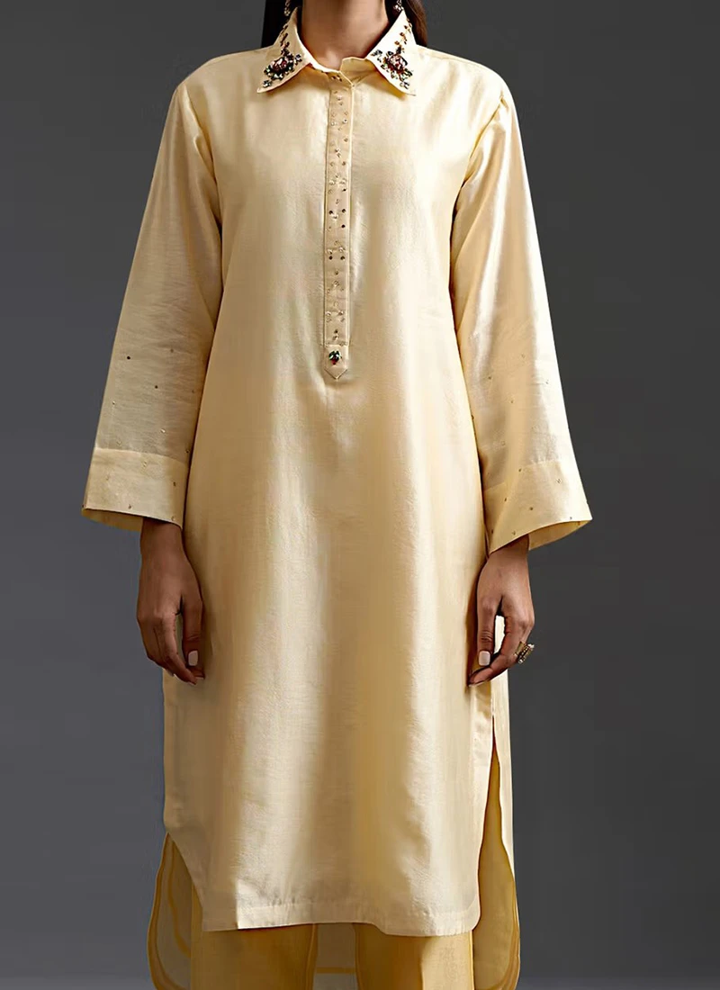 Light Yellow Pure Chanderi Silk Embroidered Kurta Semi Palazzo Set Party Wear 1 Light Yellow Pure Chanderi Silk Embroidered Kurta Semi Palazzo Set Party Wear