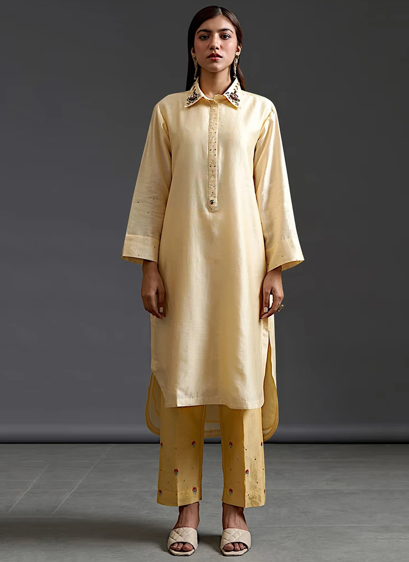 Light Yellow Pure Chanderi Silk Embroidered Kurta Semi Palazzo Set Party Wear 3 Light Yellow Pure Chanderi Silk Embroidered Kurta Semi Palazzo Set Party Wear - Image 3