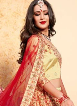 Light Yellow Satin Embroidered Umbrella Lehenga Wedding Wear -C Bazaar Shop light yellow satin embroidered umbrella lehenga ghsak43011606 b